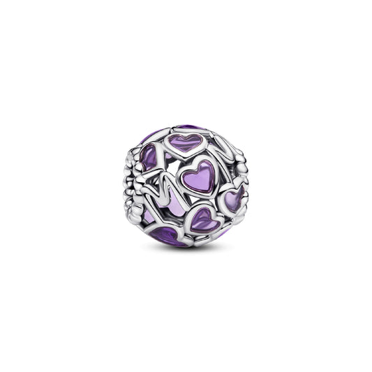 Charm Pandora argento e smalto viola con cuori e scritta MOM MISURA UNICA