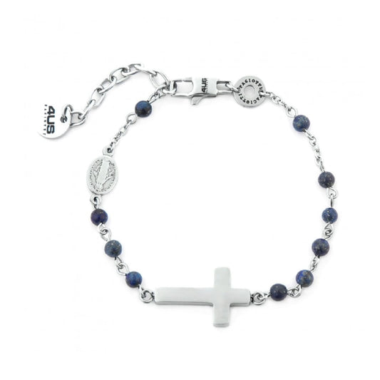 Bracciale rosario Paciotti 4US in acciaio con croce e lapis blu Regolabile 18-22 cm