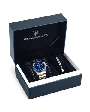Cofanetto uomo orologio e bracciale Maserati Competizione cassa 43mm acciaio pvd oro quadrante blu R8873600007