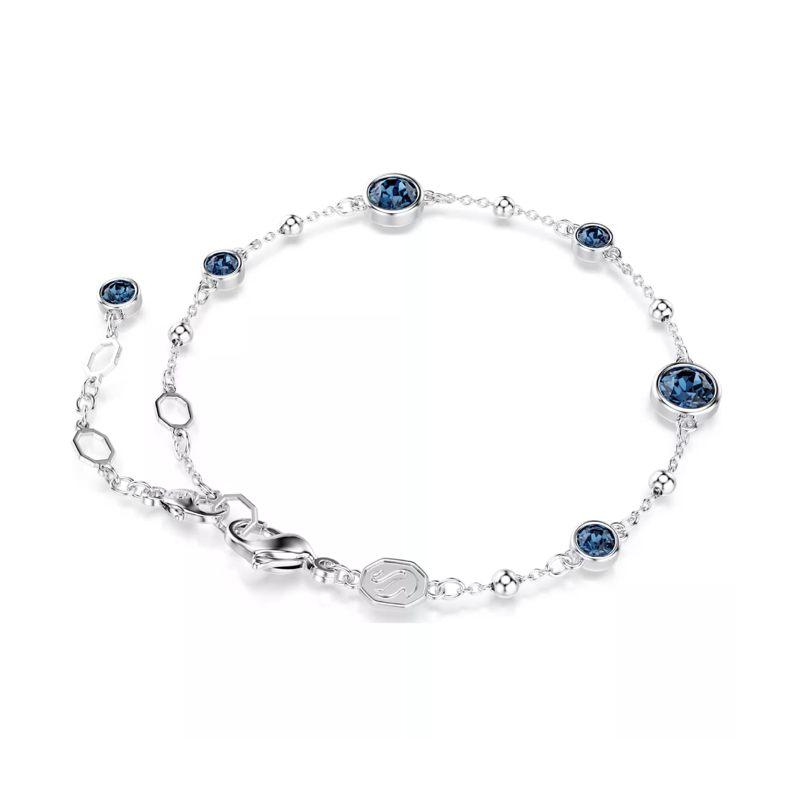 Bracciale catena Swarovski rodiato con cristalli blu e sfere Regolabile 16,5-20,5 cm
