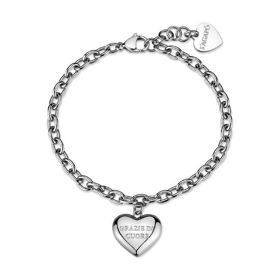 Bracciale con cuore S'agapõ in acciaio "Grazie di cuore" 19,5 cm
