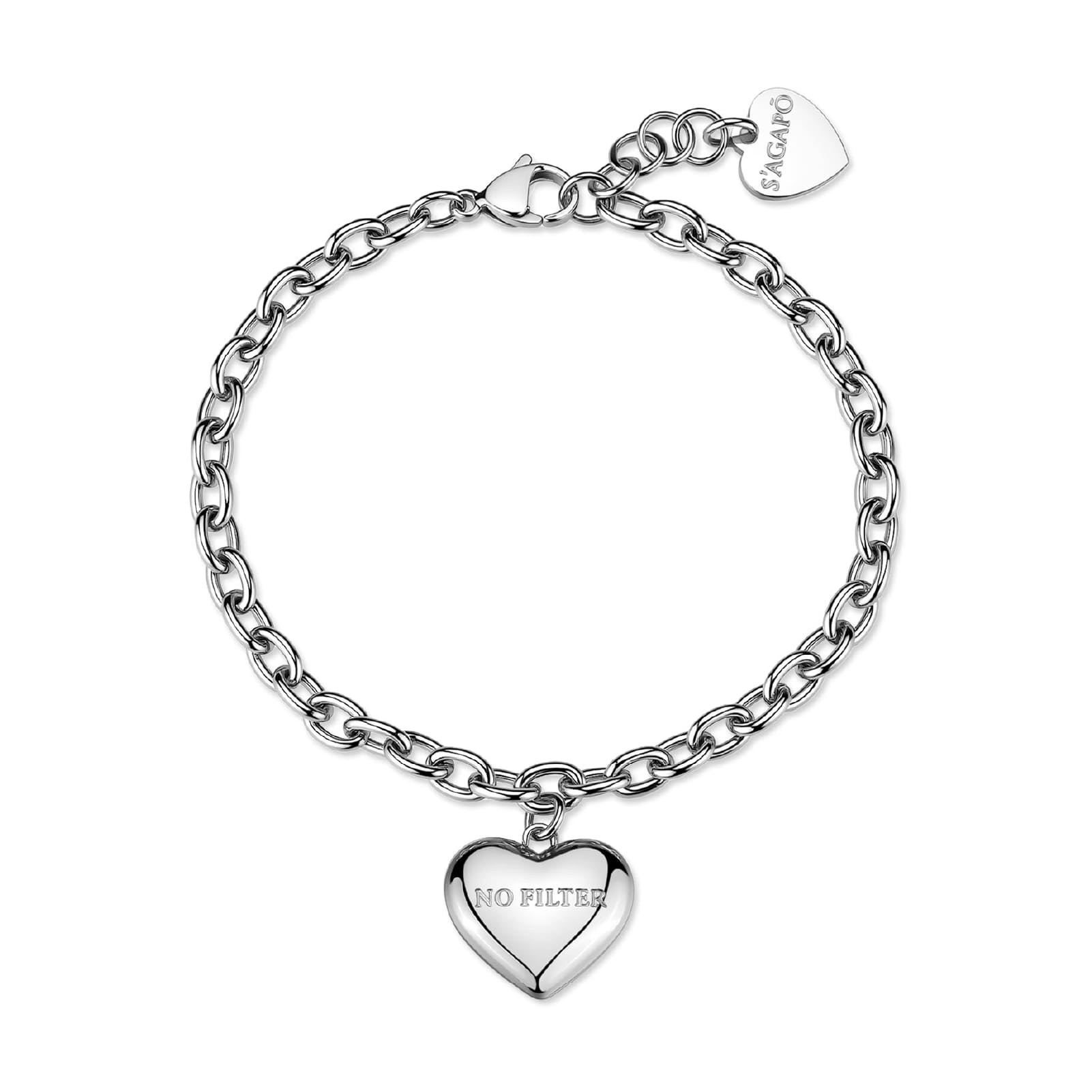 Bracciale con cuore S'agapõ in acciaio e scritta "No filter" 19,5 cm