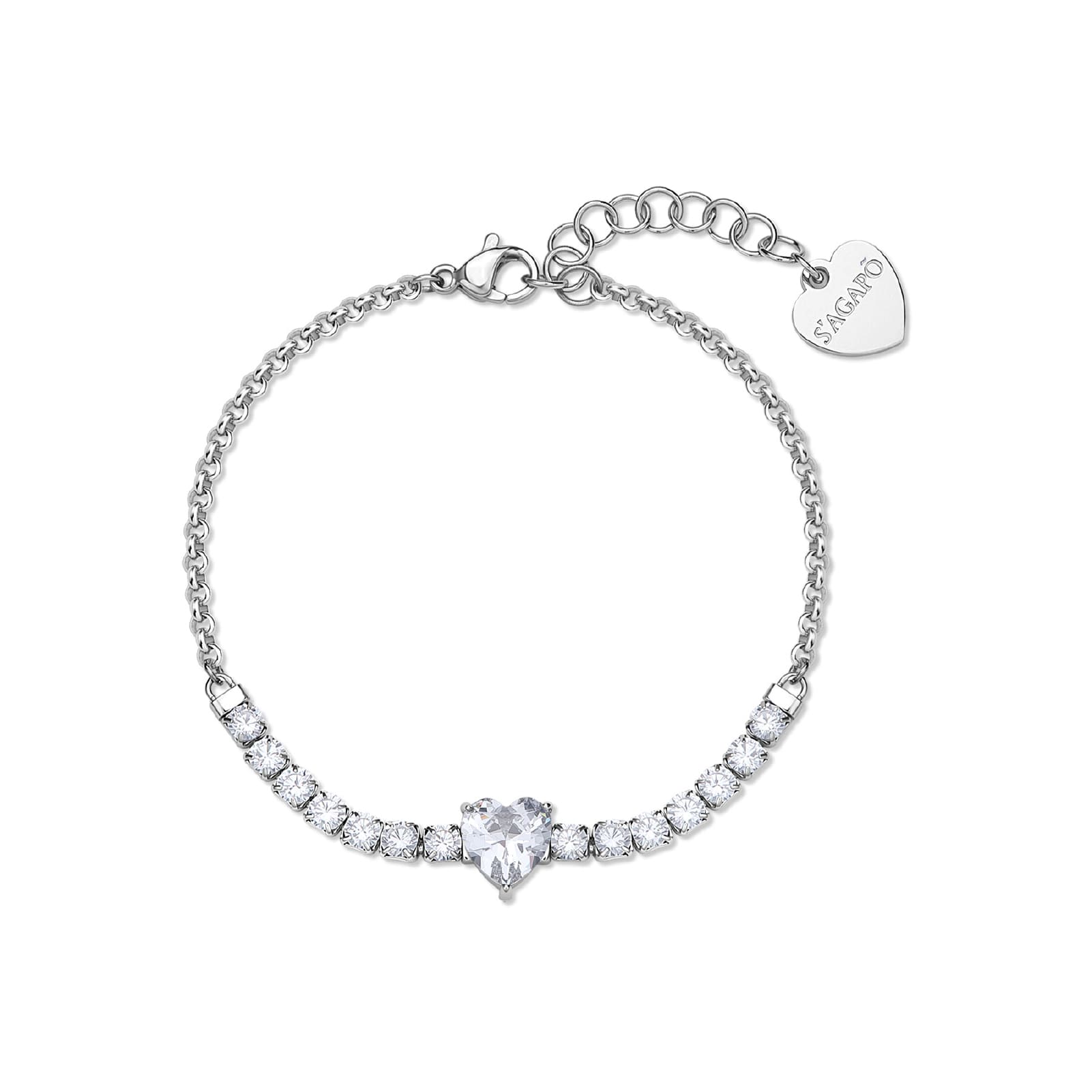 Bracciale catena S'agapõ acciaio con cuore e cristalli 18,5 cm