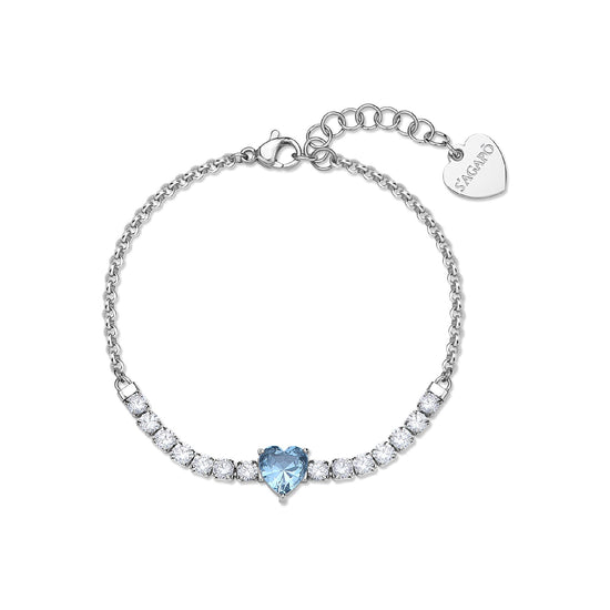 Bracciale catena S'agapõ acciaio cuore e cristalli azzurro 18,5 cm