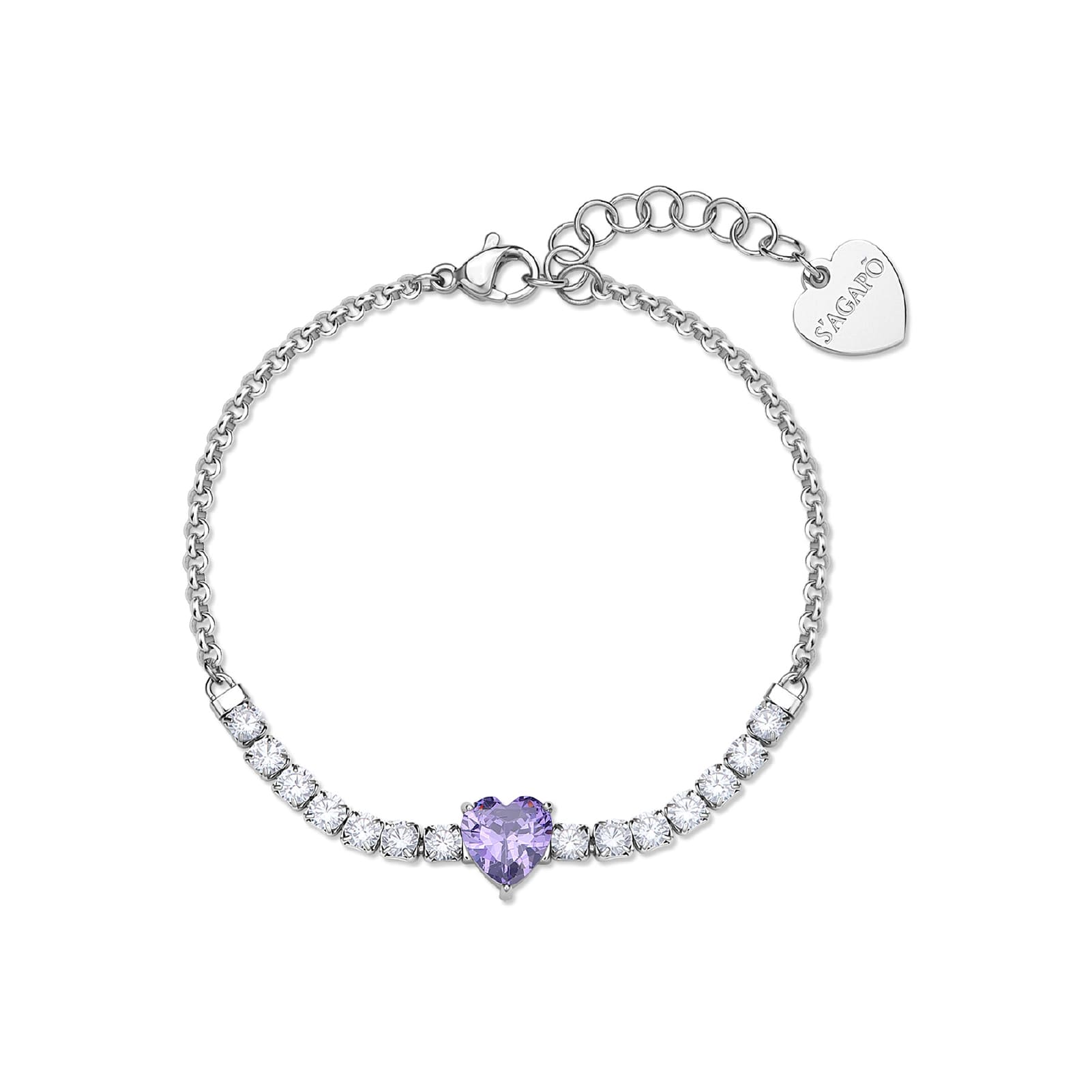 Bracciale catena S'agapõ acciaio cuore e cristalli viola 18,5 cm