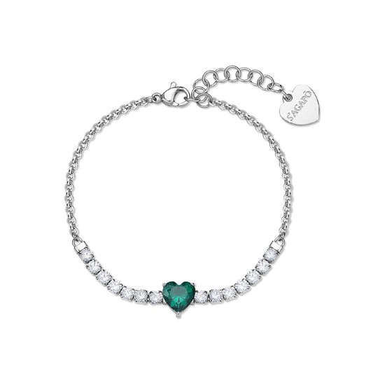 Bracciale catena S'agapõ acciaio cuore e cristalli verde 18,5 cm