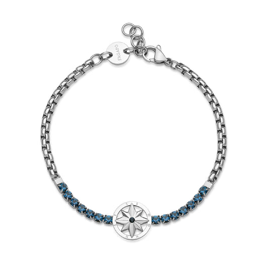 Bracciale uomo S'agapõ acciaio con rosa dei venti e zircone blu 21 cm
