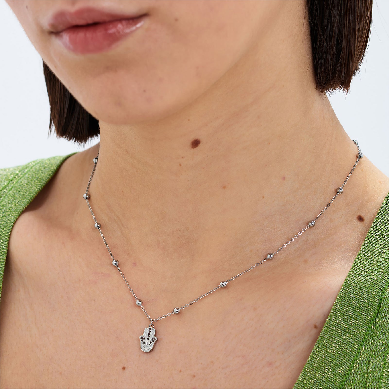 Collana girocollo S'agapõ acciaio mano di fatima e cristallo MISURA UNICA