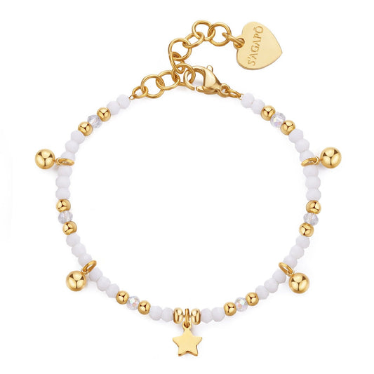 Bracciale con pietre donna S'agapõ Glint in acciaio dorato con sfere bianche e stella SGI15-1