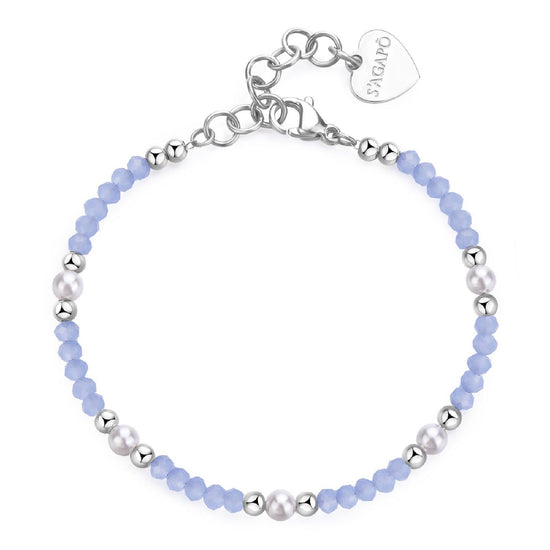 Bracciale con pietre donna S'agapõ Glint in acciaio con sfere azzurre e perle bianche SGI16-1