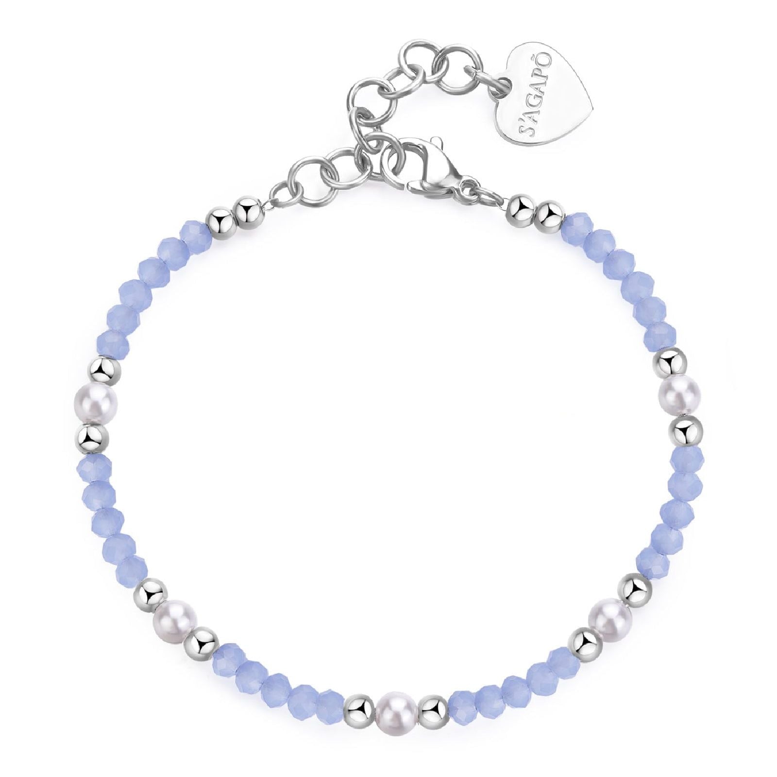 Bracciale con pietre donna S'agapõ Glint in acciaio con sfere azzurre e perle bianche SGI16-1