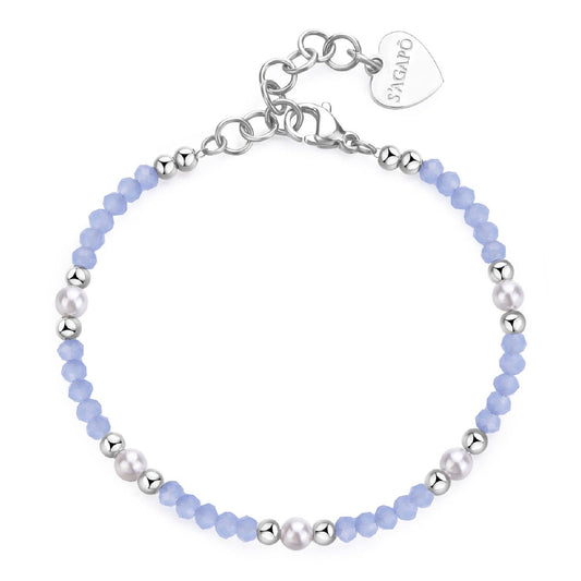 Bracciale con pietre donna S'agapõ Glint in acciaio con sfere azzurre e perle bianche SGI16-1