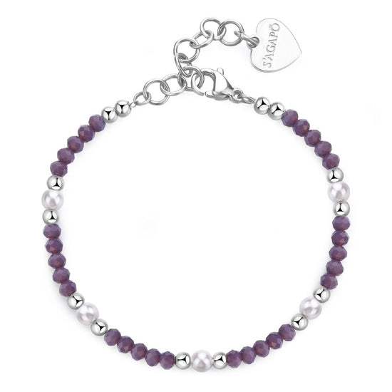 Bracciale con pietre donna S'agapõ Glint in acciaio con sfere viola e perle bianche SGI18-1