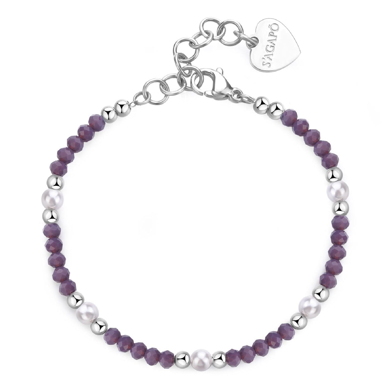 Bracciale con pietre donna S'agapõ Glint in acciaio con sfere viola e perle bianche SGI18-1