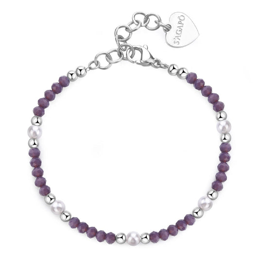 Bracciale con pietre donna S'agapõ Glint in acciaio con sfere viola e perle bianche SGI18-1