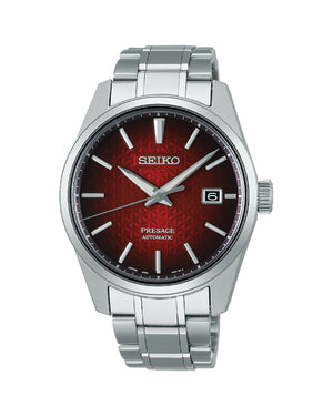 Orologio automatico Seiko Presage Sharp Edged Series da uomo cassa 39,3mm e bracciale acciaio quadrante rosso riserva carica 70h SPB227J1