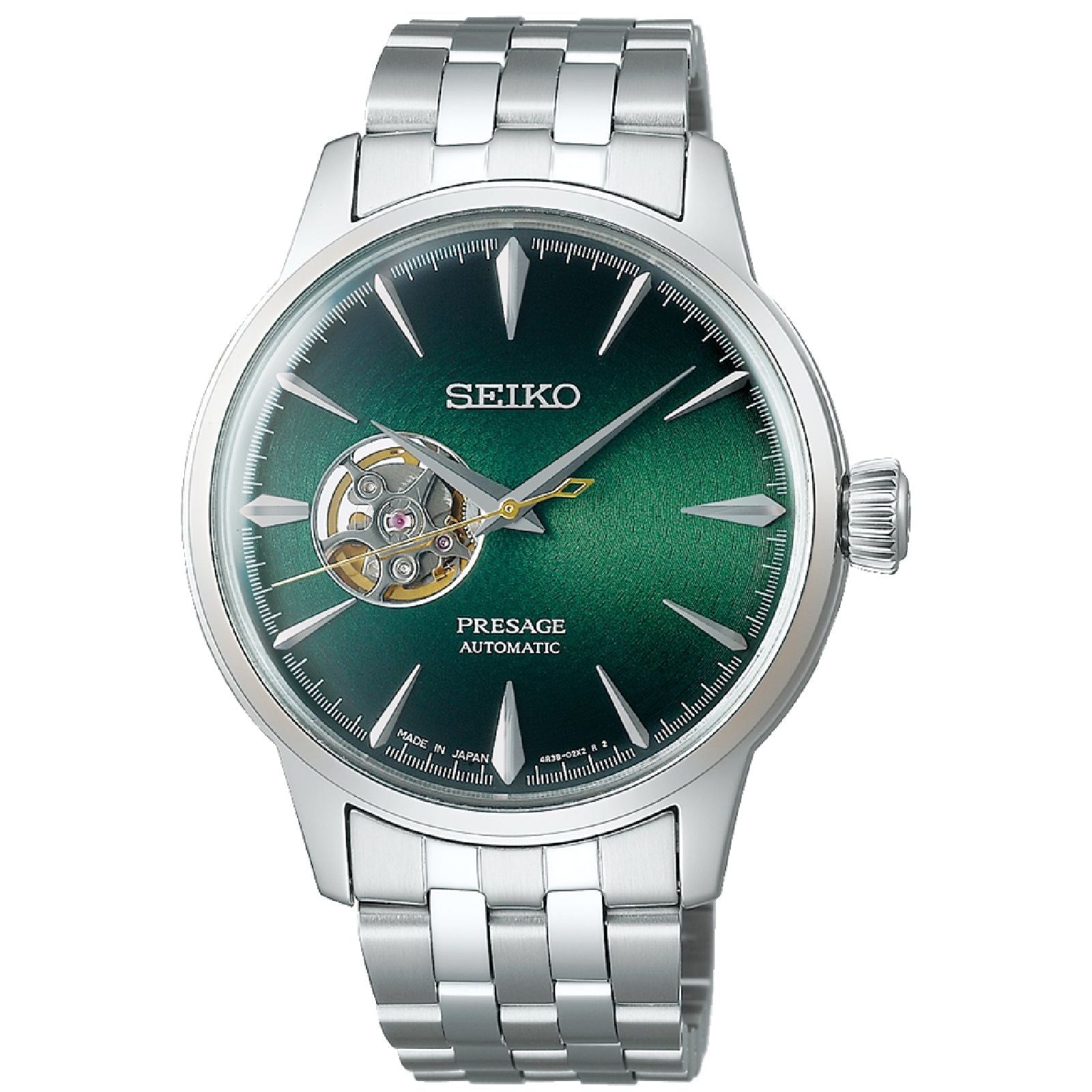 Orologio automatico Seiko Presage uomo acciaio quadrante verde movimento vista 40,5mm