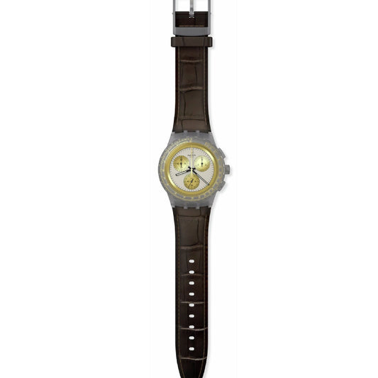 Orologio crono uomo Swatch Holiday Collection plastica cuoio marrone cassa 42 mm SUSM100-2