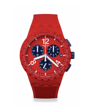 Orologio cronografo da uomo Swatch Essentials con cassa 42mm in plastica e cinturino in silicone rosso SUSR407