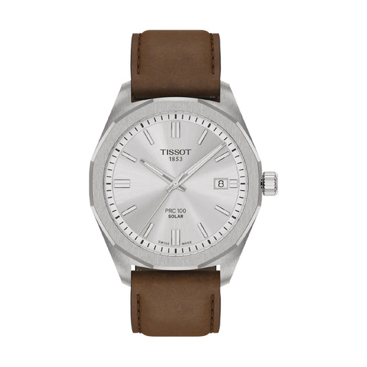 Orologio Tissot PRC 100 acciaio e cinturino in pelle marrone MISURA UNICA