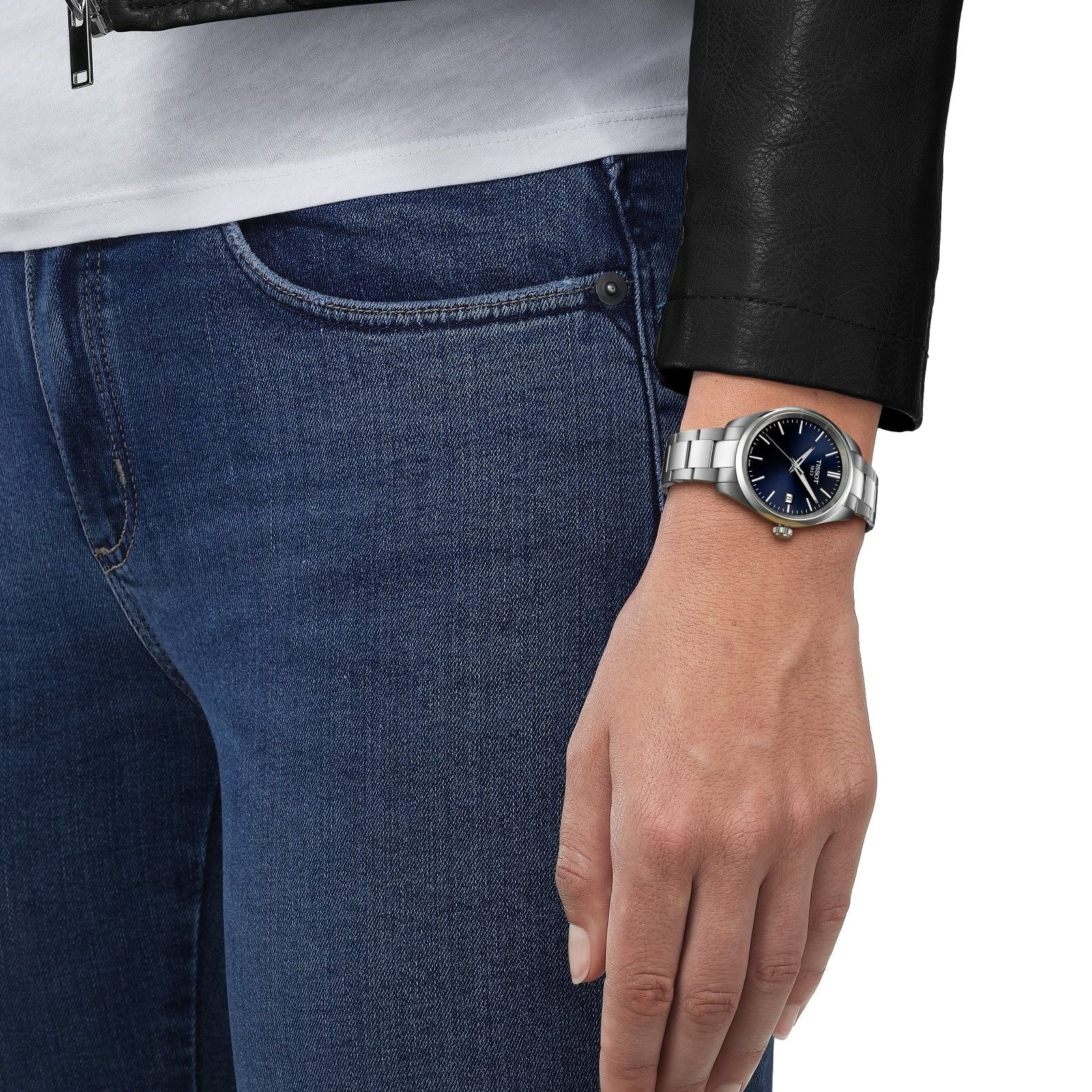 Orologio solo tempo unisex Tissot T-Classic in acciaio quadrante blu 34mm T1502101104100-4