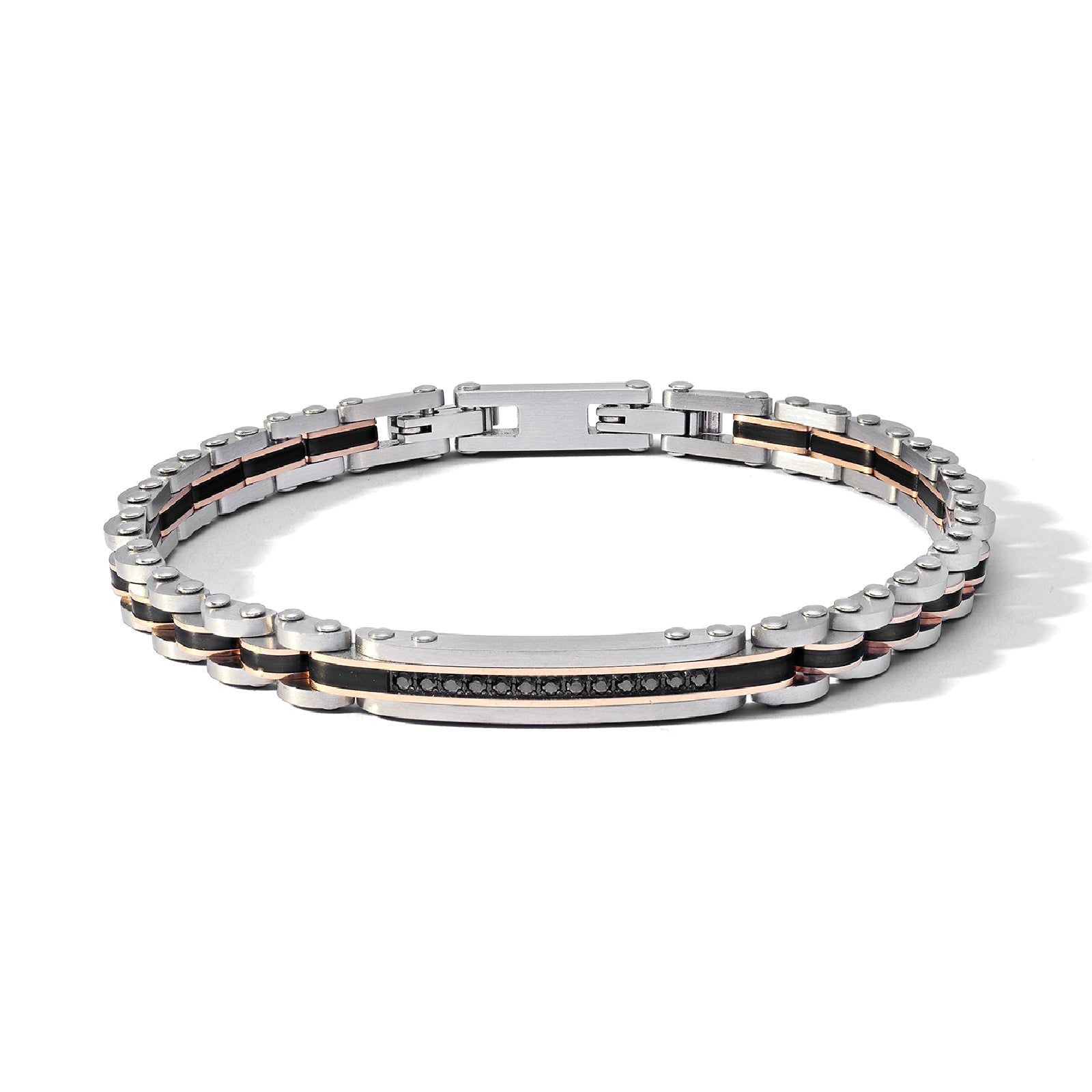 Bracciale uomo Comete Costellation in acciaio con linea nera e zirconi neri UBR1203-1