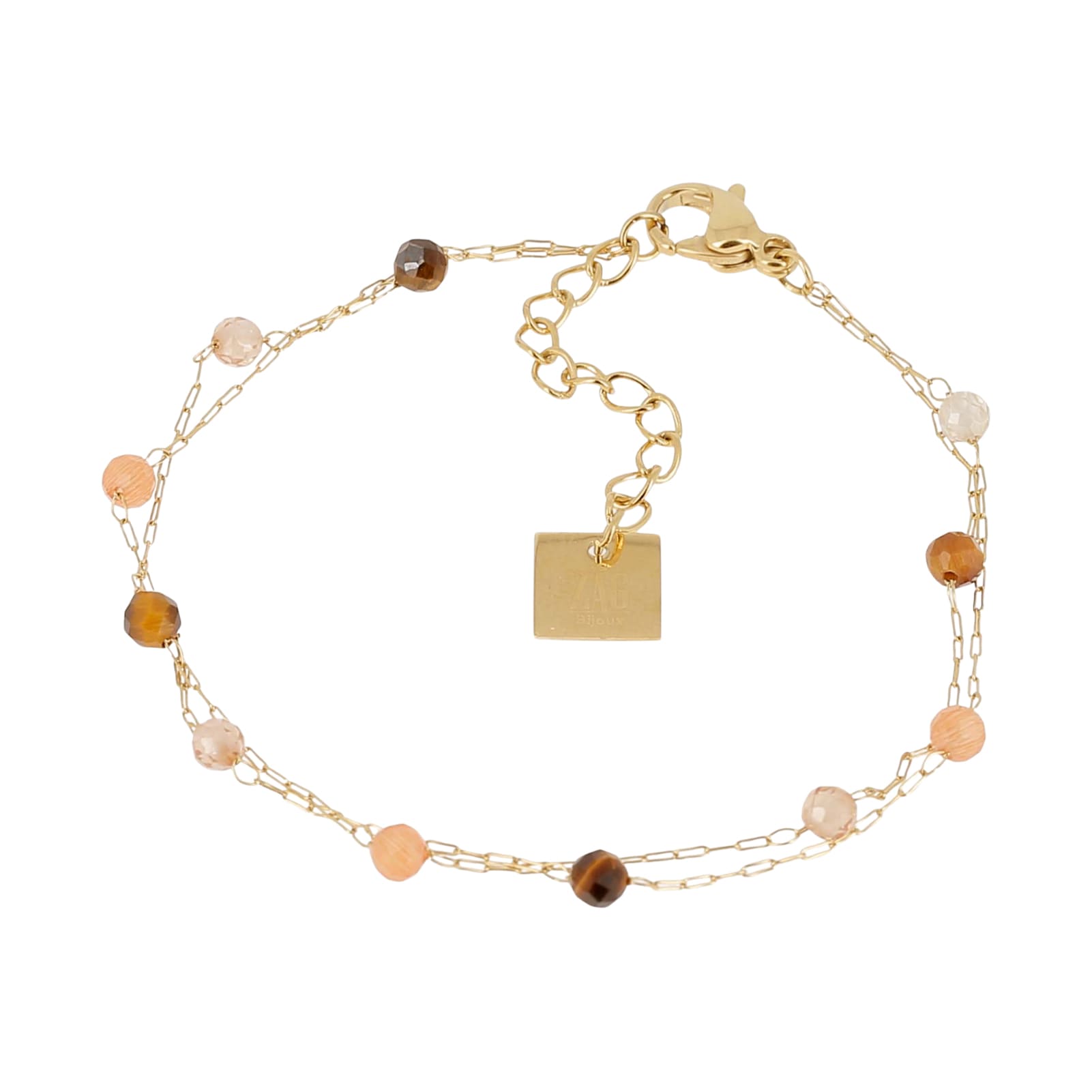 Bracciale multifilo ZAG Bijoux acciaio oro pietre rosate Regolabile 15-18 cm