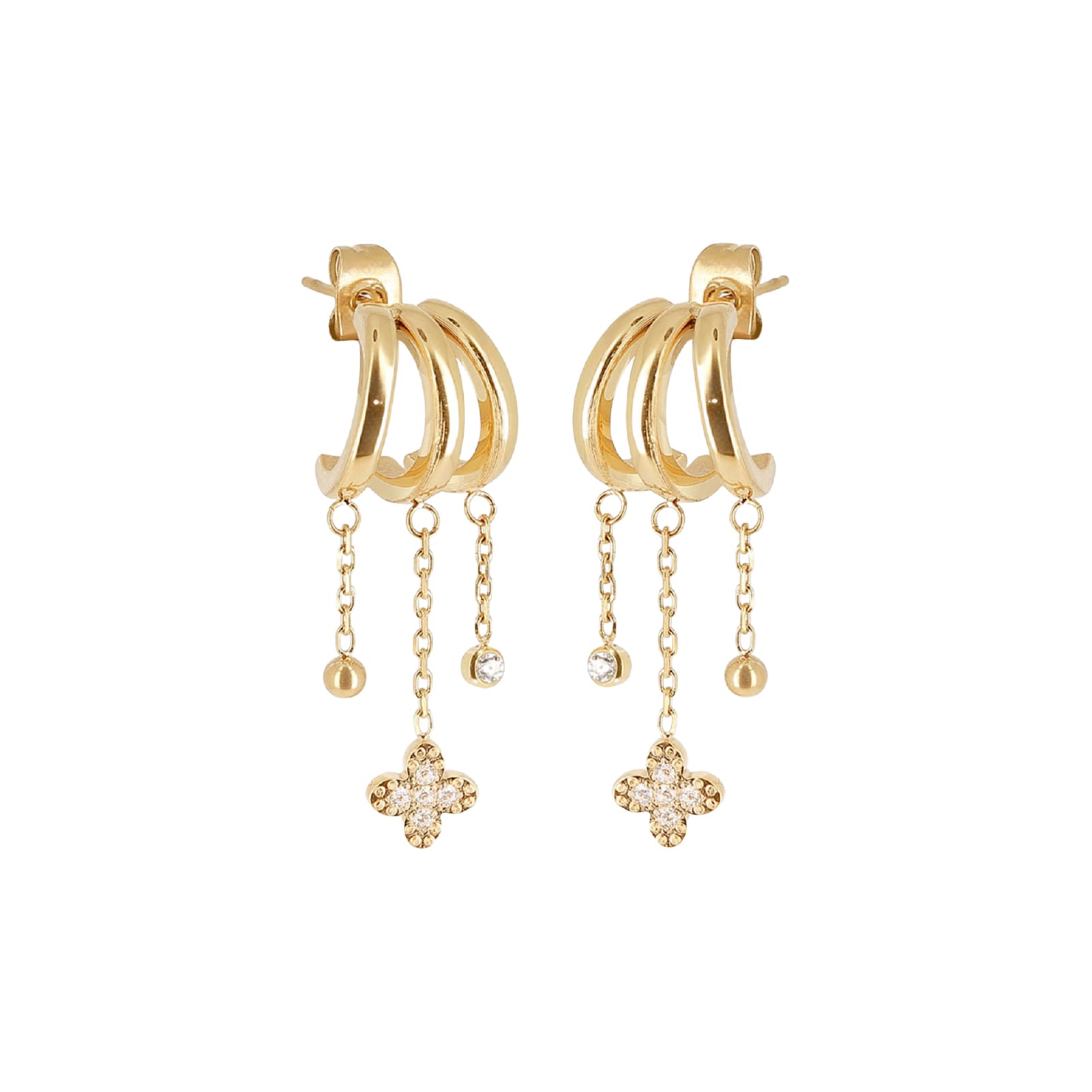 Orecchini pendenti ZAG Bijoux acciaio oro trifoglio e sfere MISURA UNICA