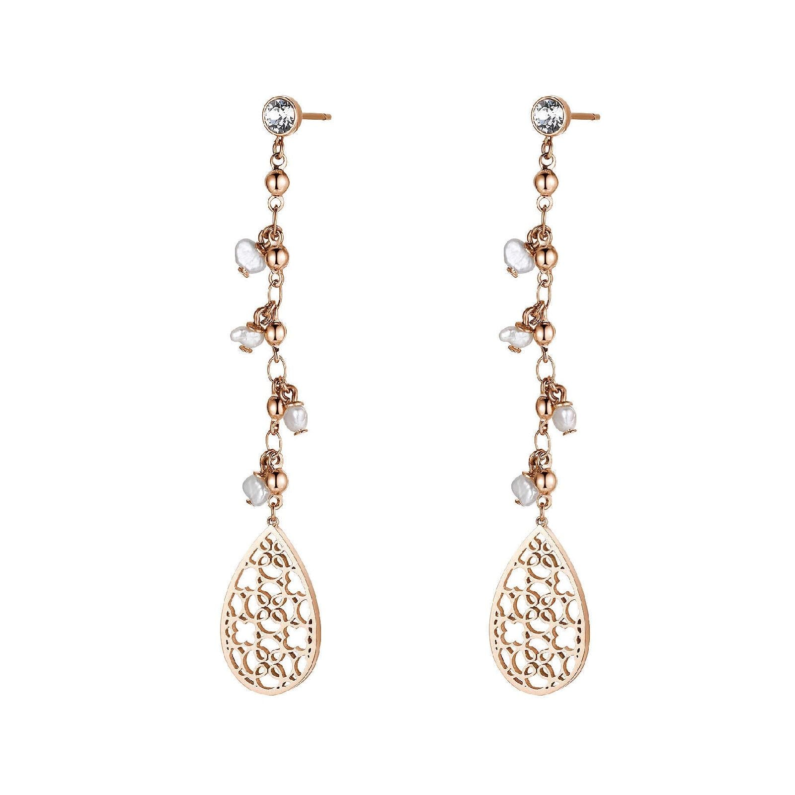Brosway Orecchini Pendenti Donna In Acciaio Oro Rosa E Perle - Collezione Tailor, Gioiello Ipoallergenico Con Confezione Regalo