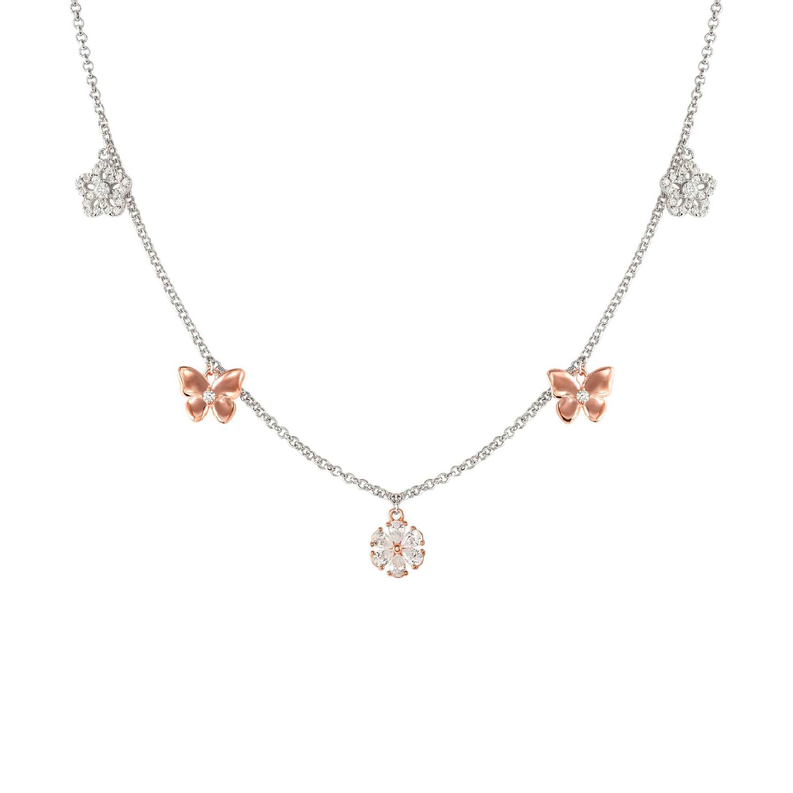 Collana Nomination in argento con ciondoli rosé e zirconi MISURA UNICA