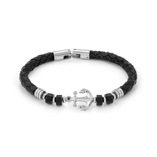Bracciale Nomination in acciaio e pelle nera con ancora 23 cm