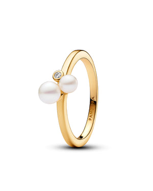 Anello da donna Pandora Timeless in lega metallica dorata 14kt con due perle d'acqua dolce e zircone 163156C01
