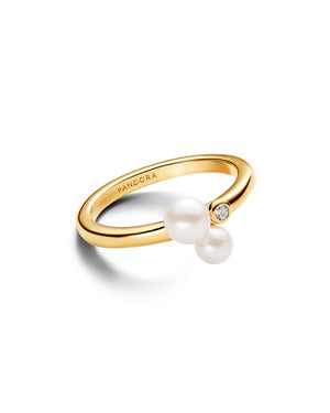 Anello da donna Pandora Timeless in lega metallica dorata 14kt con due perle d'acqua dolce e zircone 163156C01