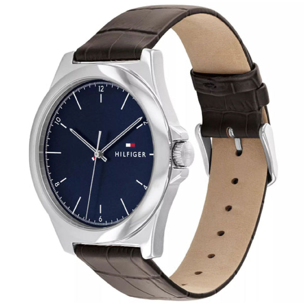 Orologio solo tempo da uomo Tommy Hilfiger Norris con cassa 42mm in acciaio cinturino pelle marrone con quadrante blu 1710549