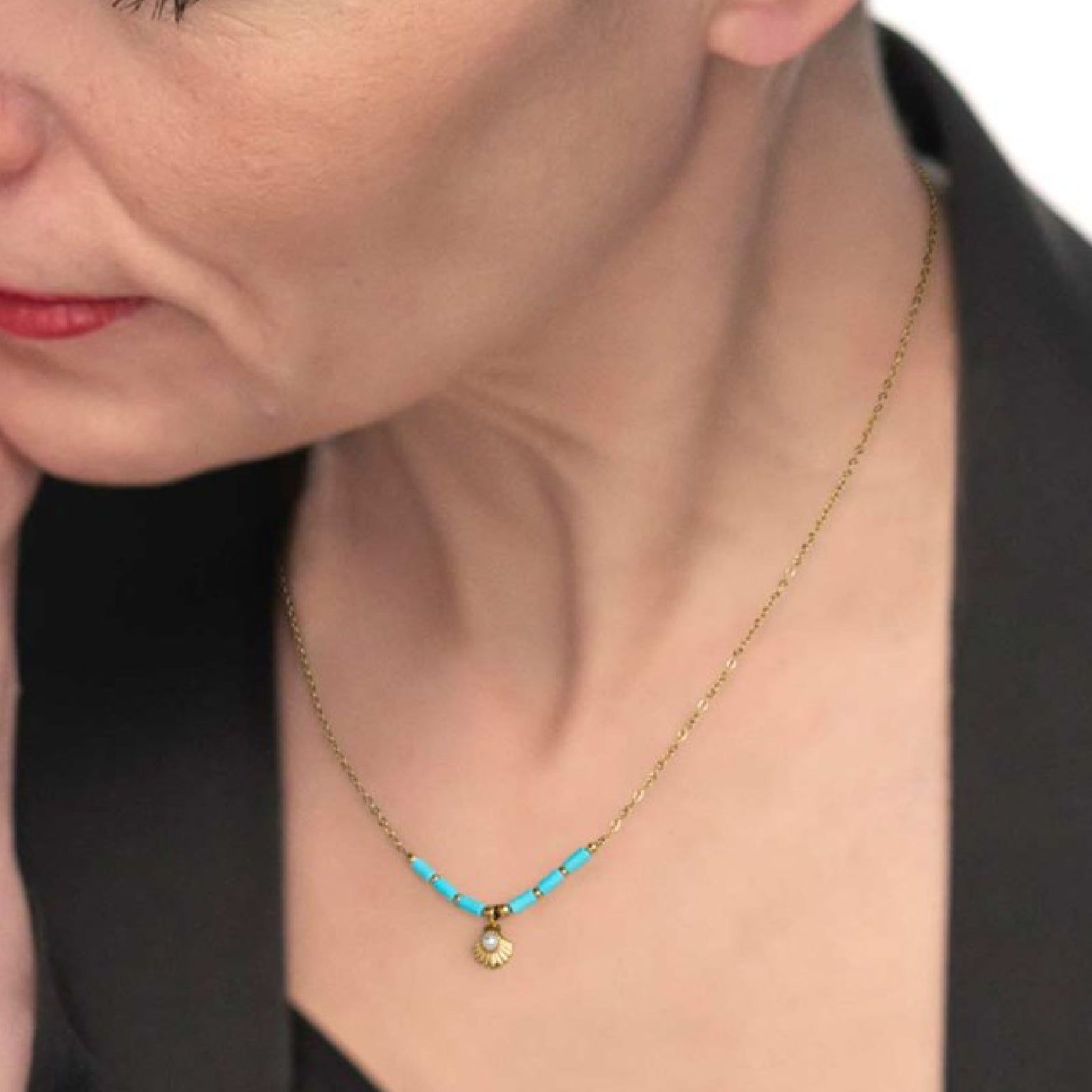 Collana girocollo Marlù Time To donna acciaio dorato perline,ematite e pendente conchiglia 18CN120G-T-3