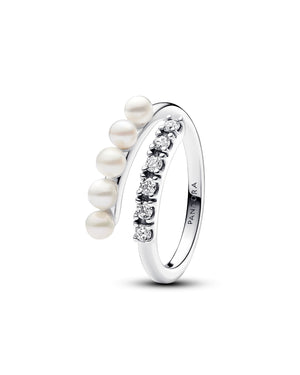 Anello aperto da donna Pandora Timeless in argento sterling 925 con linea di perle e di cristalli 193145C01