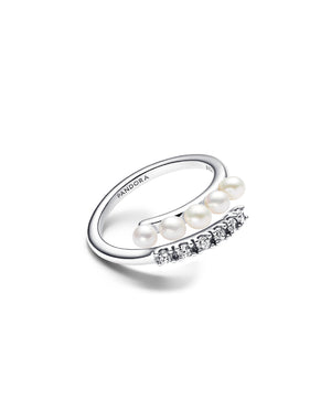 Anello aperto da donna Pandora Timeless in argento sterling 925 con linea di perle e di cristalli 193145C01