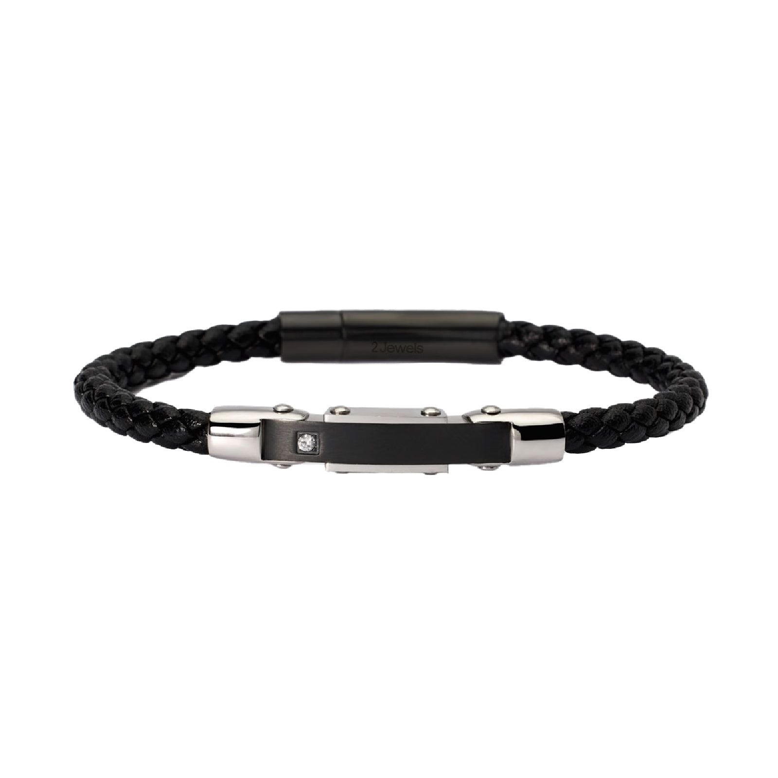 Bracciale uomo 2Jewels Street in similpelle e acciaio nero con targa e cristallo 232511-1
