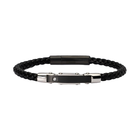 Bracciale uomo 2Jewels Street in similpelle e acciaio nero con targa e cristallo 232511-1
