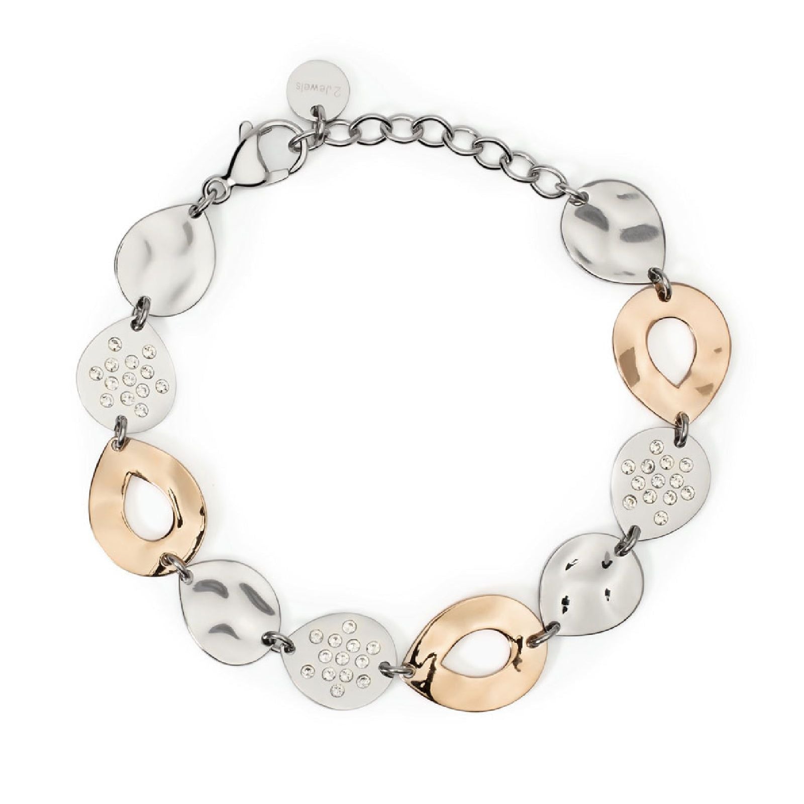 Bracciale donna 2Jewels Mirage acciaio rosé con gocce lisce a martellate e cristalli 232540-1