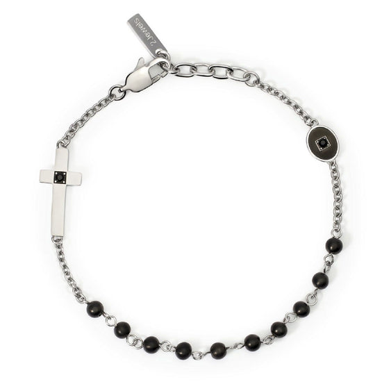 Bracciale rosario uomo 2Jewels Faith acciaio con sfere nere, cristalli e croce 232578-1