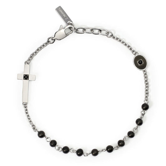 Bracciale rosario uomo 2Jewels Faith acciaio con sfere nere, cristalli e croce 232578-1