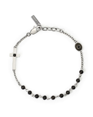 Bracciale rosario da uomo 2Jewels Faith in acciaio con sfere nere, elemento ovale, croce e due cristalli neri 232578