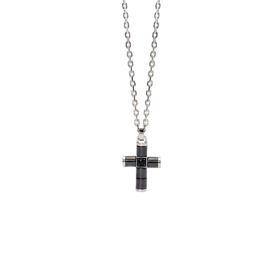 Collana uomo 2Jewels Next in acciaio con croce in ceramica e cristallo nero 251923-1
