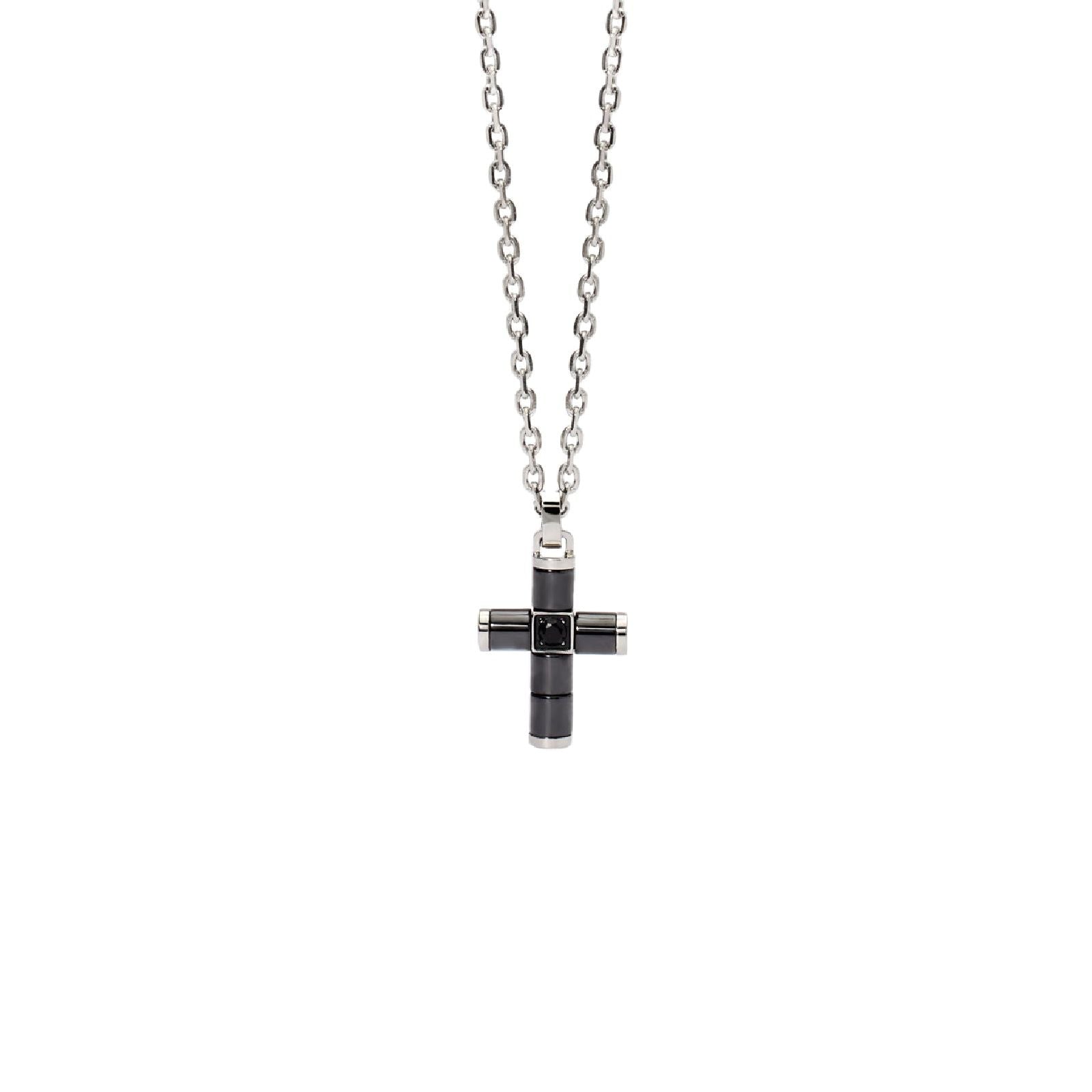 Collana uomo 2Jewels Next in acciaio con croce in ceramica e cristallo nero 251923-1