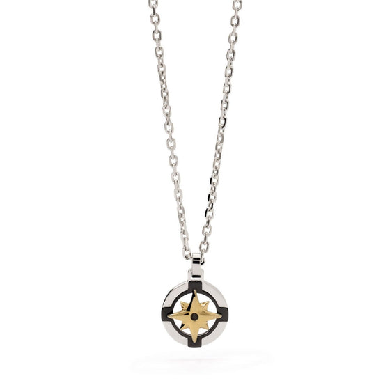 Collana uomo 2Jewels Navy in acciaio con rosa dei venti nera e dorata e cristallo nero 251949-1
