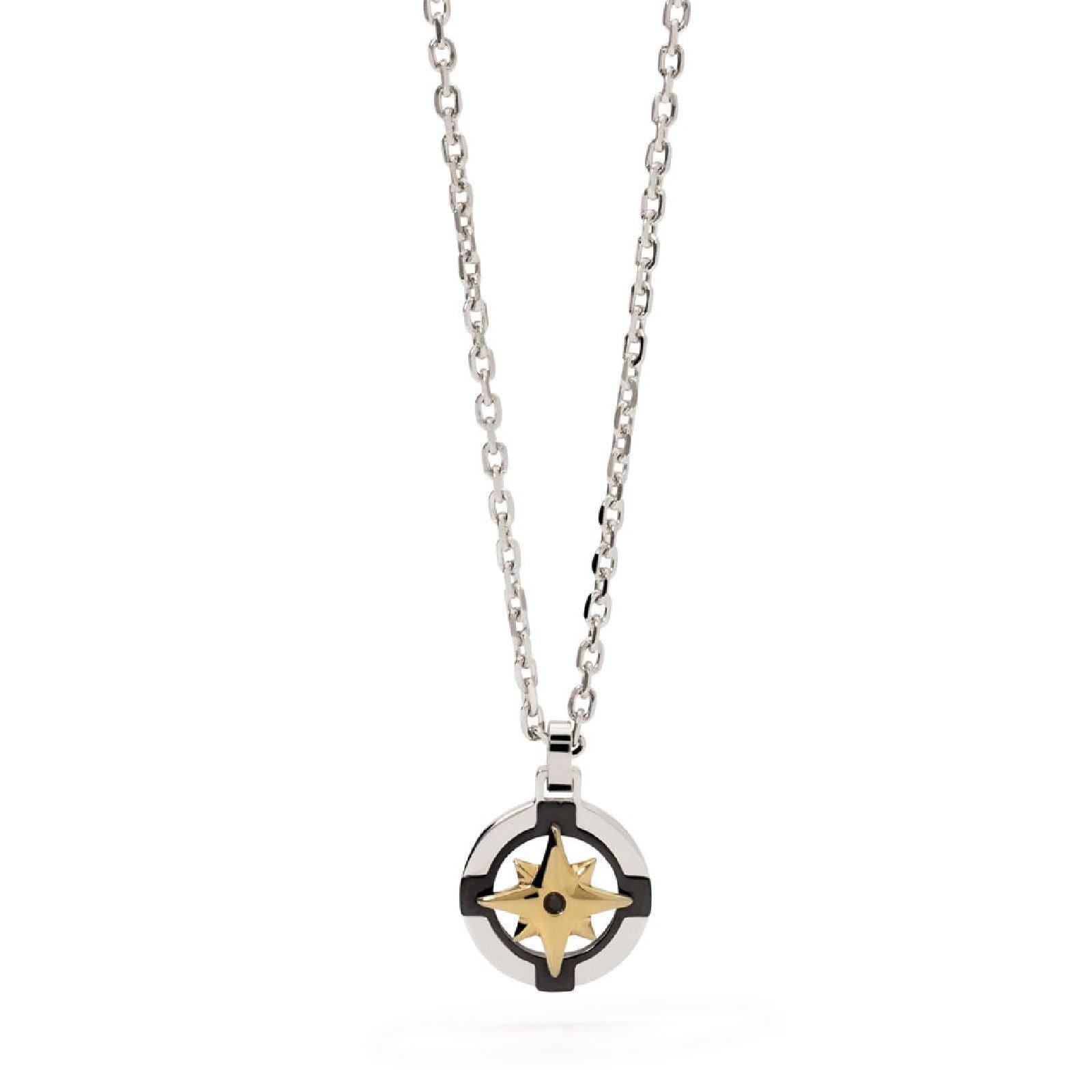 Collana uomo 2Jewels Navy in acciaio con rosa dei venti nera e dorata e cristallo nero 251949-1
