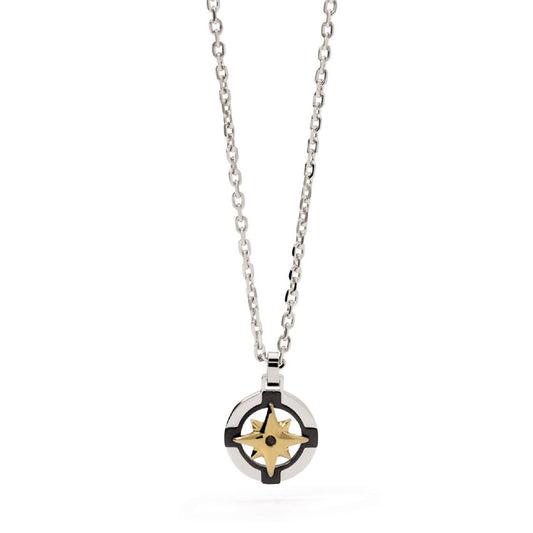 Collana uomo 2Jewels Navy in acciaio con rosa dei venti nera e dorata e cristallo nero 251949-1