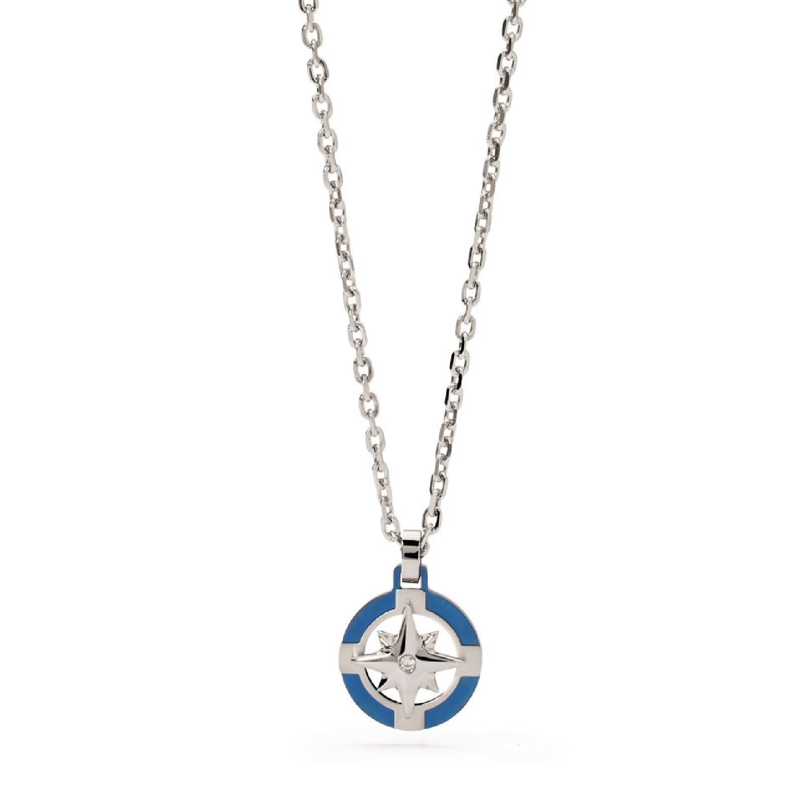 Collana uomo 2Jewels Navy in acciaio con rosa dei venti blu e cristallo bianco 251950-1