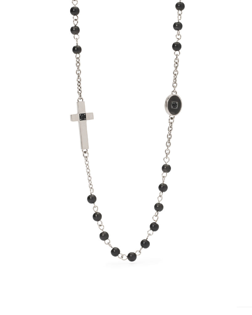 Collana rosario da uomo 2Jewels Faith in acciaio con sfere nere, elemento ovale, croce e due cristalli neri 251952